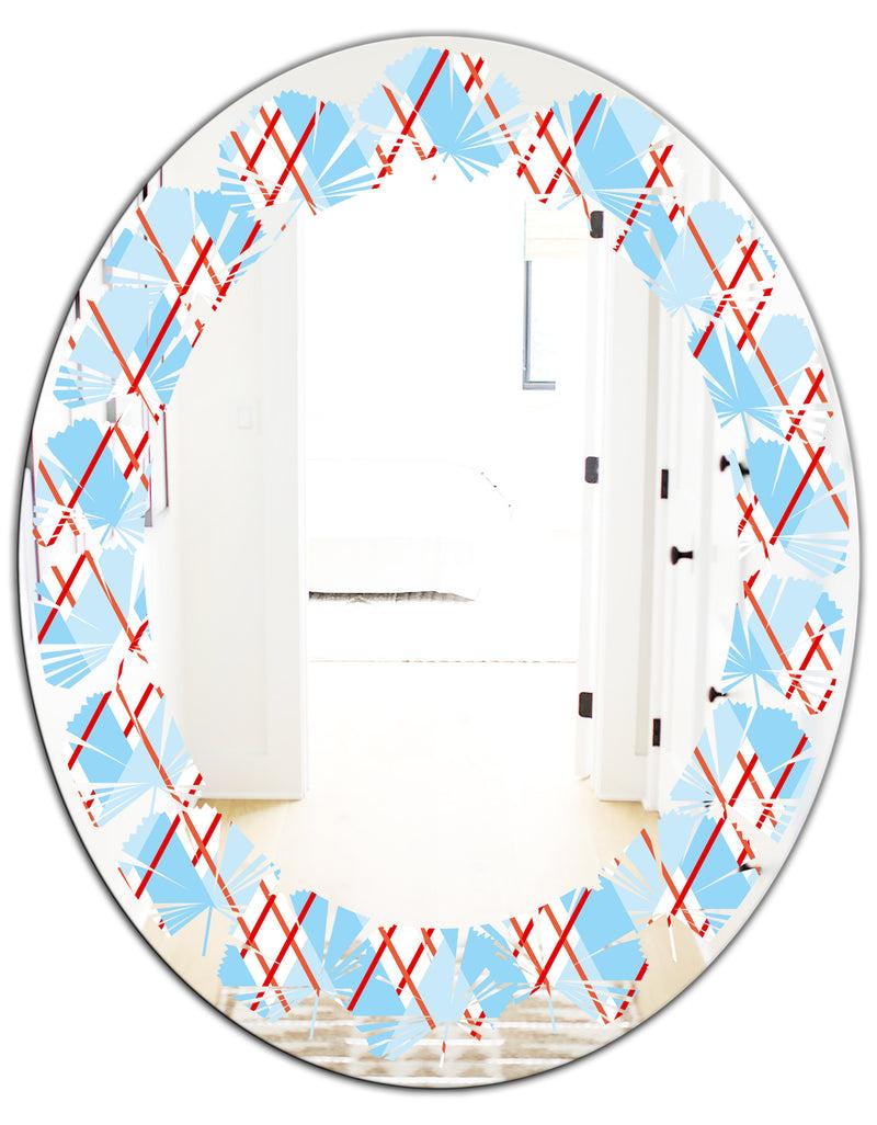 DesignQ Blue And Red Plaid - Modern Round Or Oval Wall Mirror - Leaves