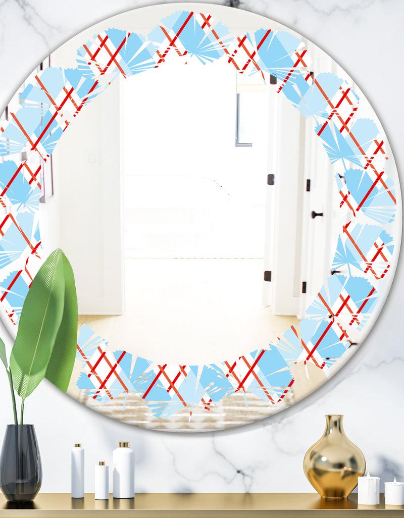 DesignQ Blue and Red Plaid - Modern Round or Oval Wall Mirror - Leaves