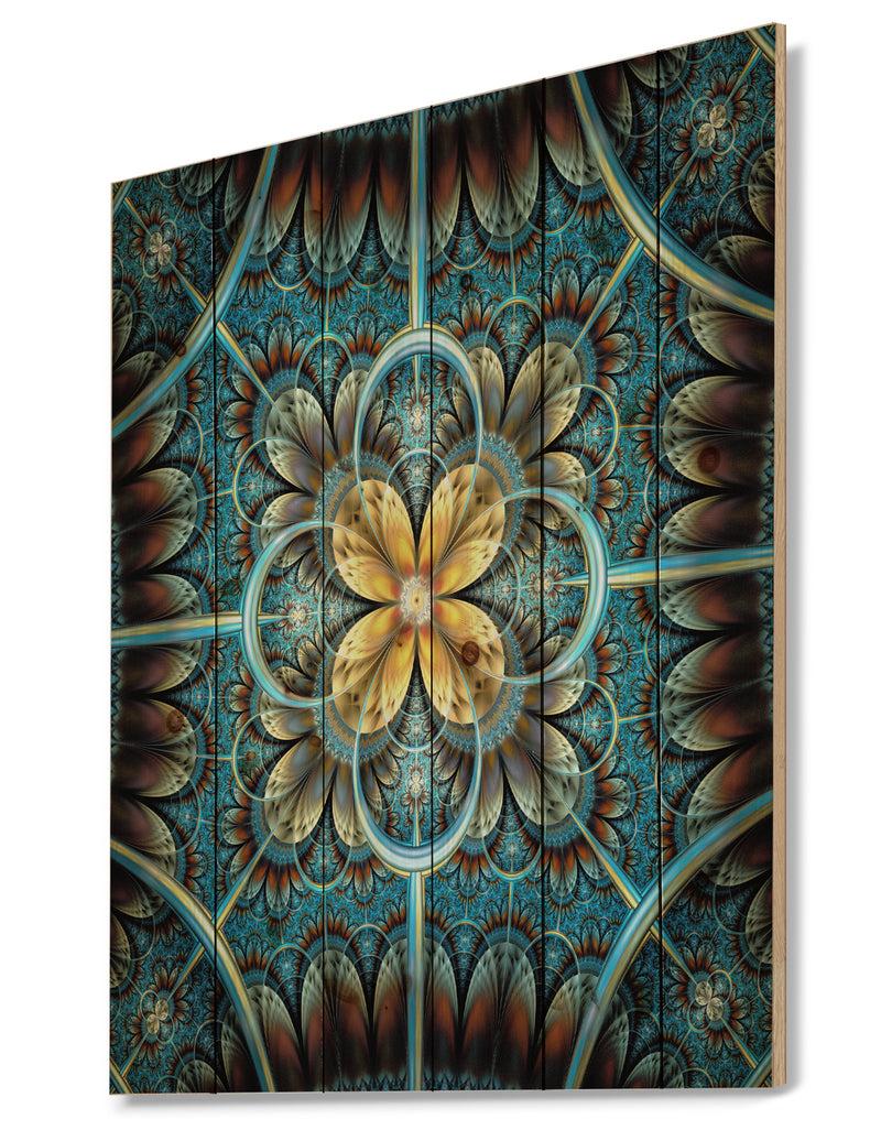 DesignQ Blue And Yellow Large Fractal Flower Design - Floral Print On Natural Pine Wood