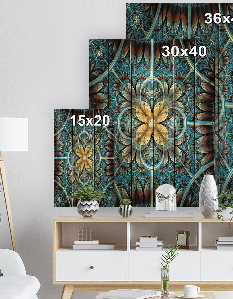 DesignQ Blue And Yellow Large Fractal Flower Design - Floral Print On Natural Pine Wood