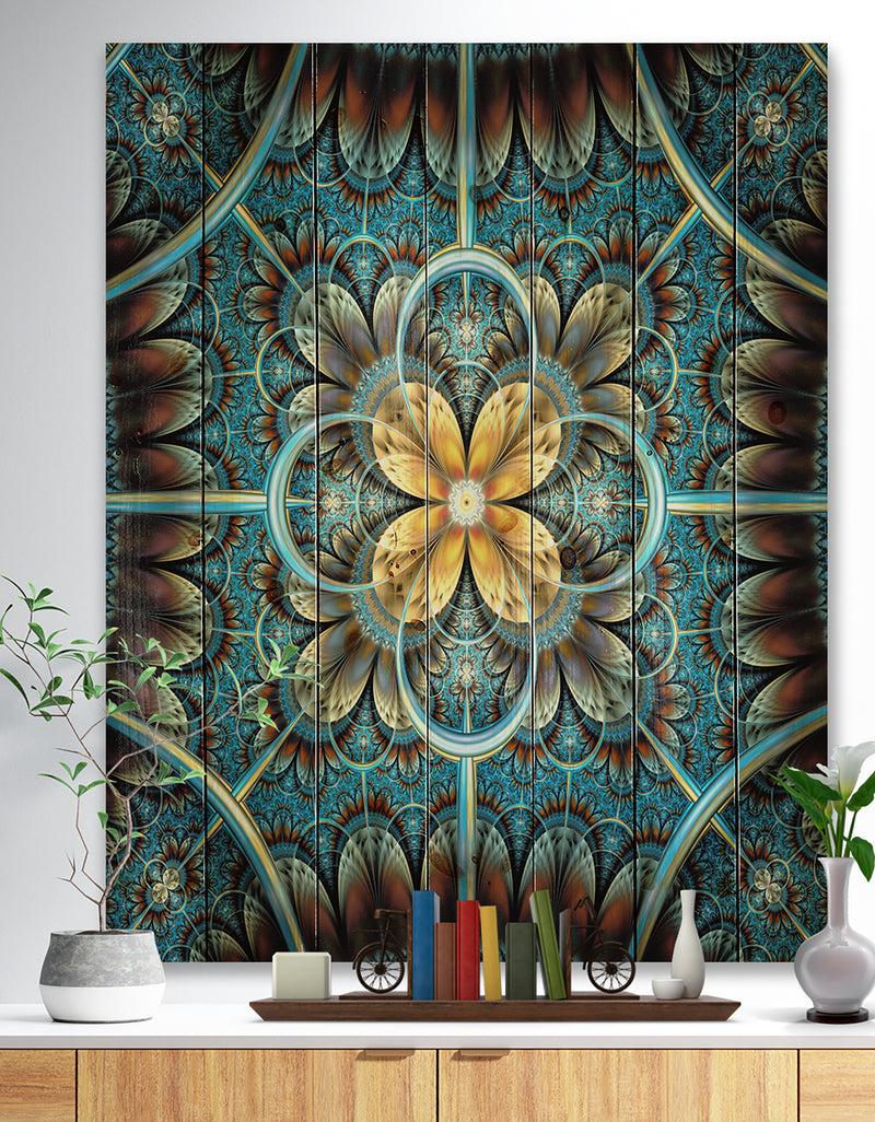 DesignQ Blue and Yellow Large Fractal Flower Design - Floral Print on Natural Pine Wood