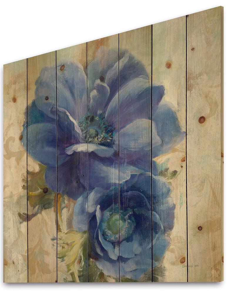 DesignQ Blue Anemone Flower - Floral Farmhouse Print On Natural Pine Wood