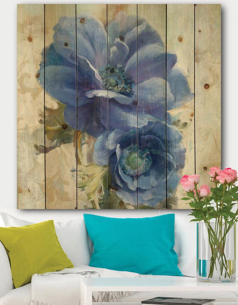 DesignQ Blue Anemone Flower - Floral Farmhouse Print on Natural Pine Wood