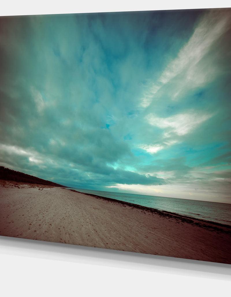 DesignQ Blue Baltic Beach In Fall With Clouds - Contemporary Seascape Art Canvas