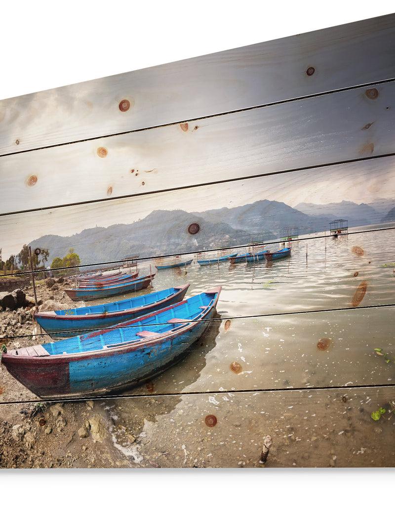 DesignQ Blue Boats In Pokhara Lake - Boat Print On Natural Pine Wood
