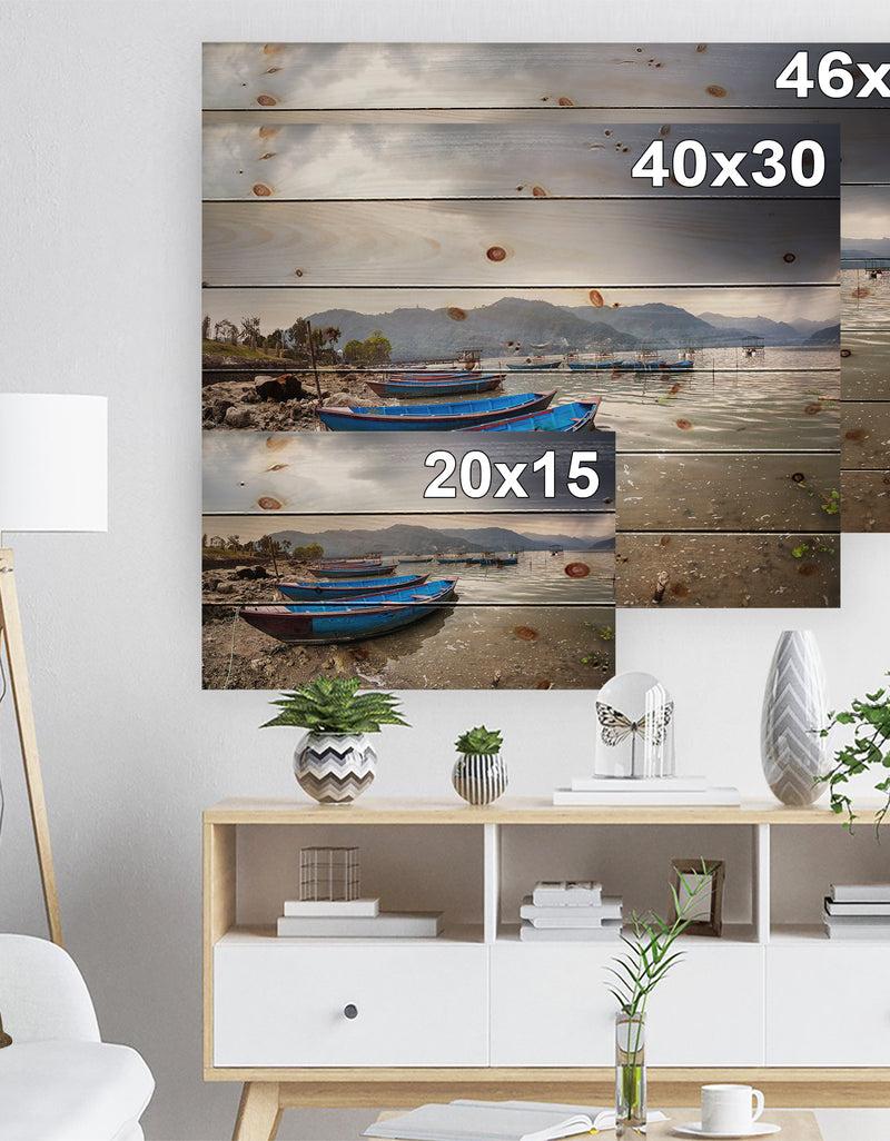 DesignQ Blue Boats In Pokhara Lake - Boat Print On Natural Pine Wood