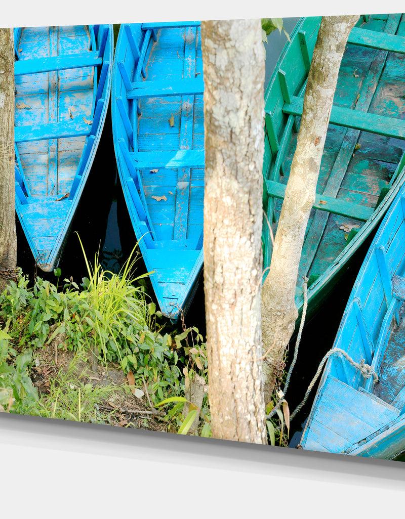 DesignQ Blue Boats On Lake Phewa - Boat Canvas Artwork