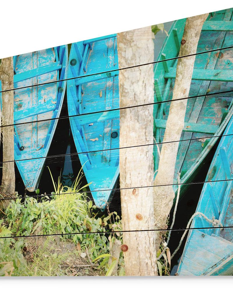 DesignQ Blue Boats On Lake Phewa - Boat Print On Natural Pine Wood
