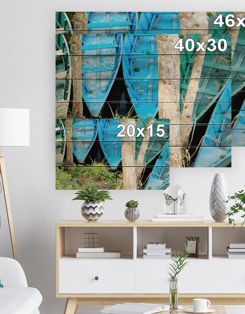 DesignQ Blue Boats On Lake Phewa - Boat Print On Natural Pine Wood