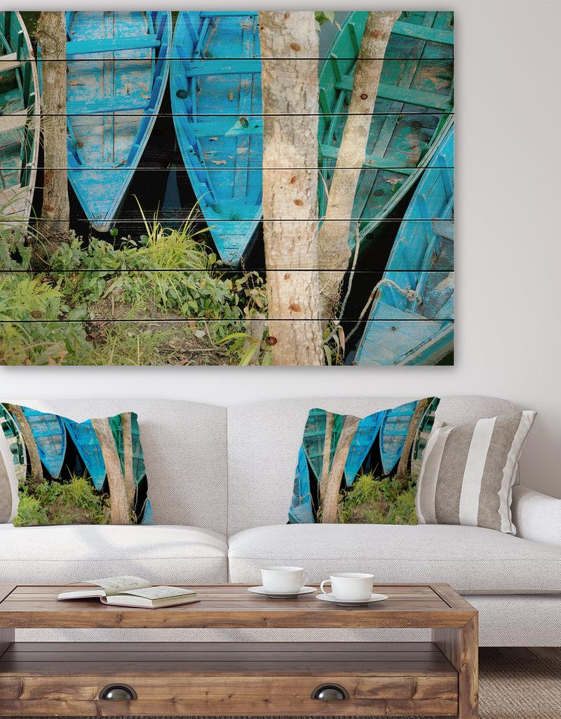 DesignQ Blue Boats on Lake Phewa - Boat Print on Natural Pine Wood
