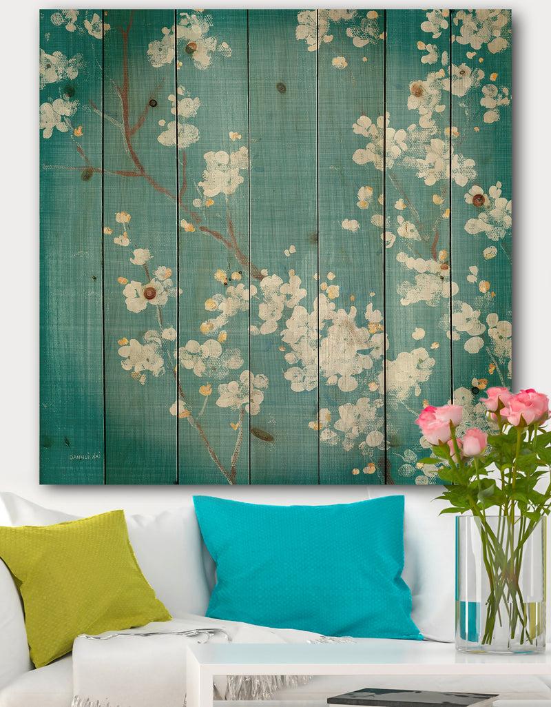 DesignQ Blue Cherry Blossoms I - Cabin & Lodge Print on Natural Pine Wood