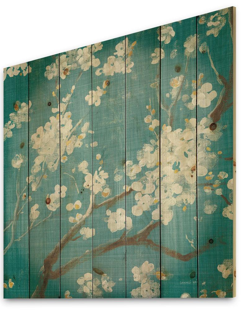 DesignQ Blue Cherry Blossoms II - Cabin & Lodge Print On Natural Pine Wood