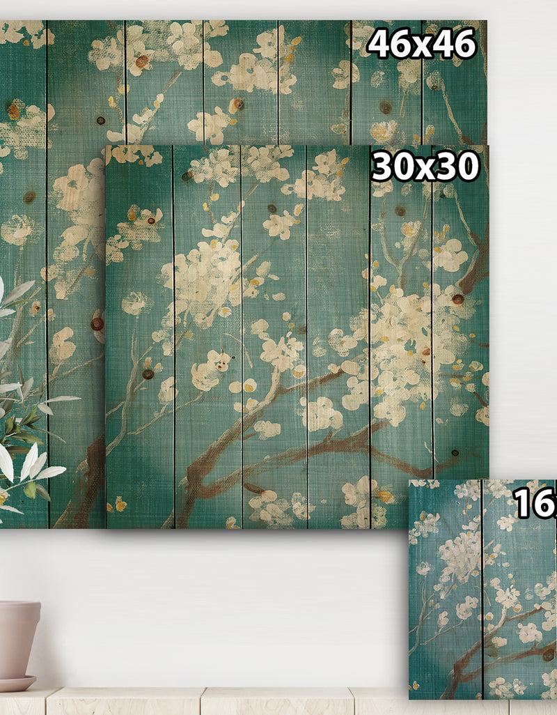 DesignQ Blue Cherry Blossoms II - Cabin & Lodge Print On Natural Pine Wood