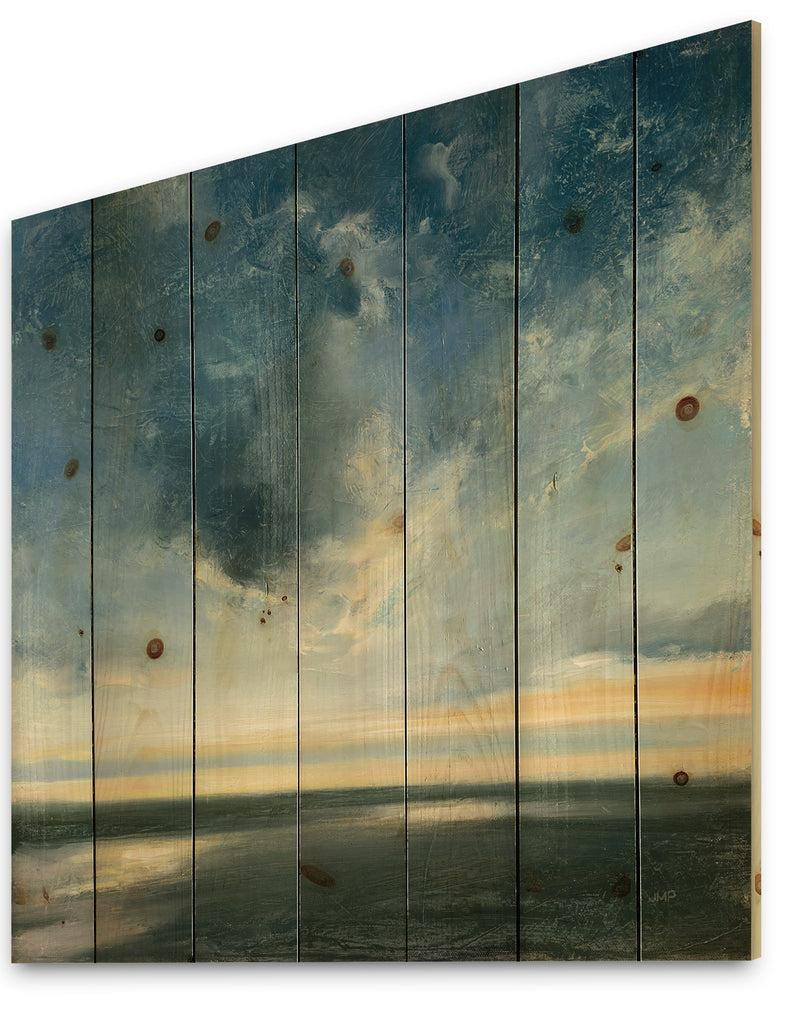 DesignQ Blue Coastal Sunrise - Landscape & Nature Print On Natural Pine Wood