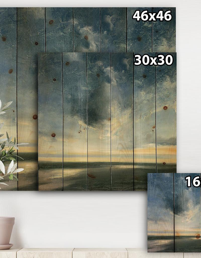 DesignQ Blue Coastal Sunrise - Landscape & Nature Print On Natural Pine Wood
