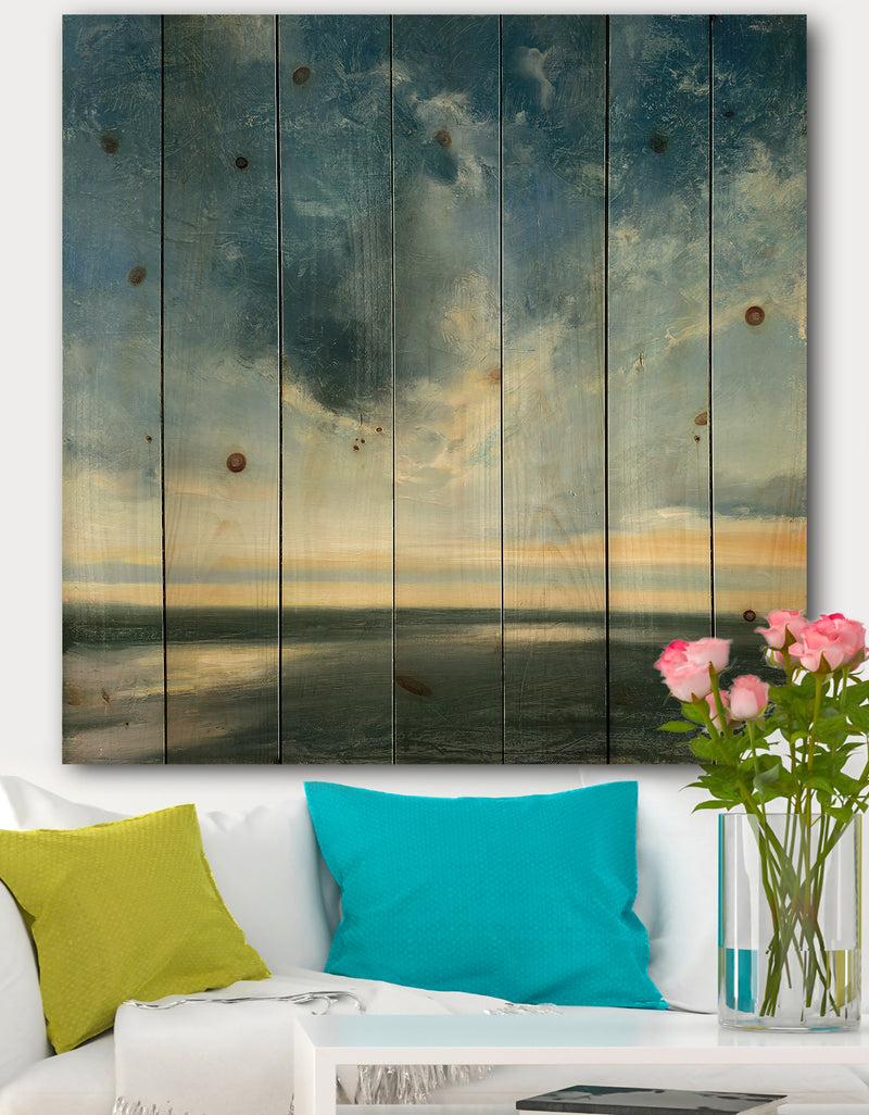DesignQ Blue Coastal Sunrise - Landscape & Nature Print on Natural Pine Wood