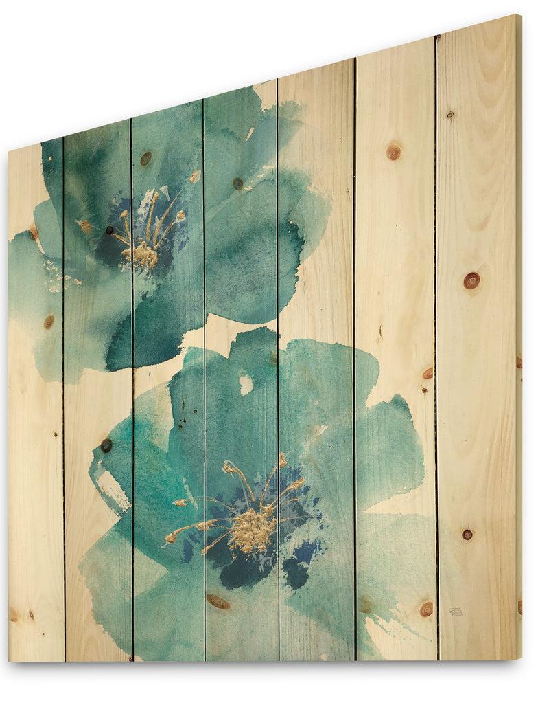 DesignQ Blue Cosmos Indigo II - Farmhouse Print On Natural Pine Wood