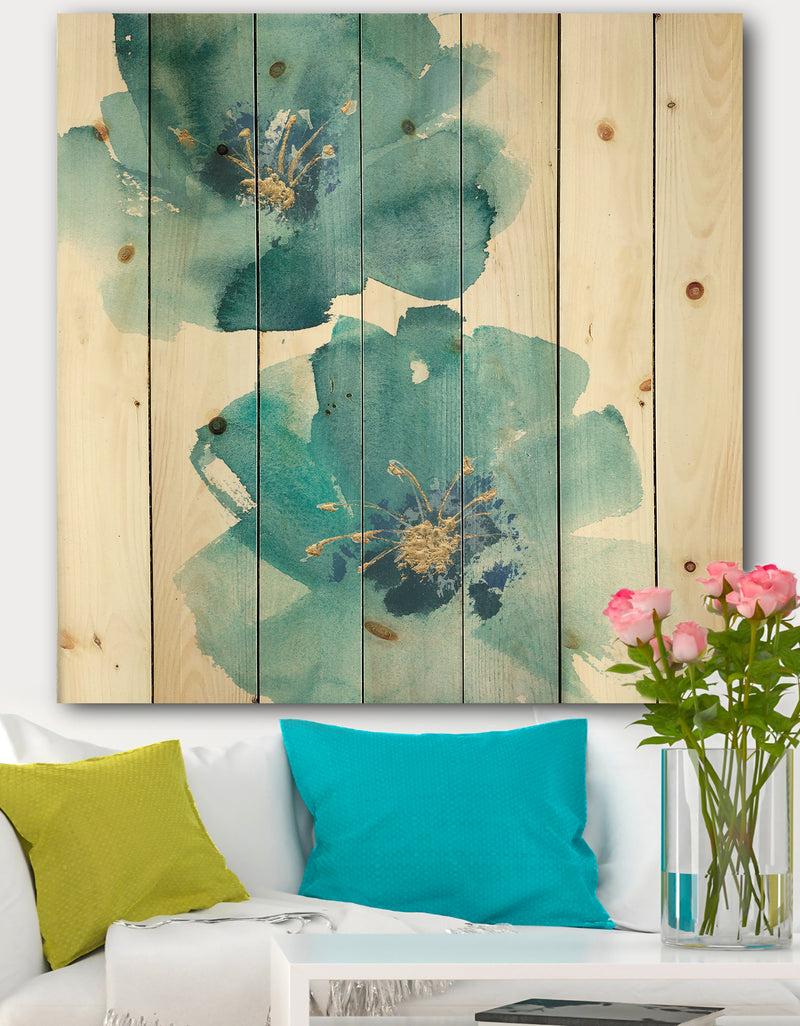 DesignQ Blue Cosmos Indigo II - Farmhouse Print on Natural Pine Wood