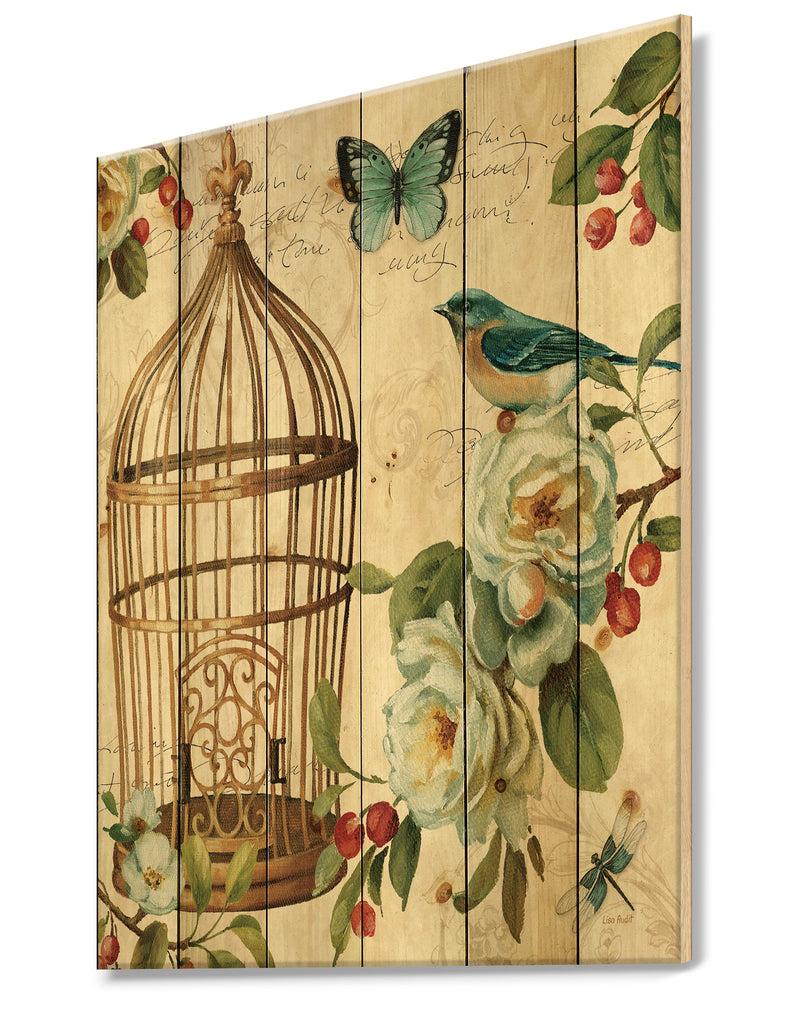 DesignQ Blue Cottage Bird Birdcage And Apple Blossoms I - Floral And Botanical Print On Natural Pine Wood