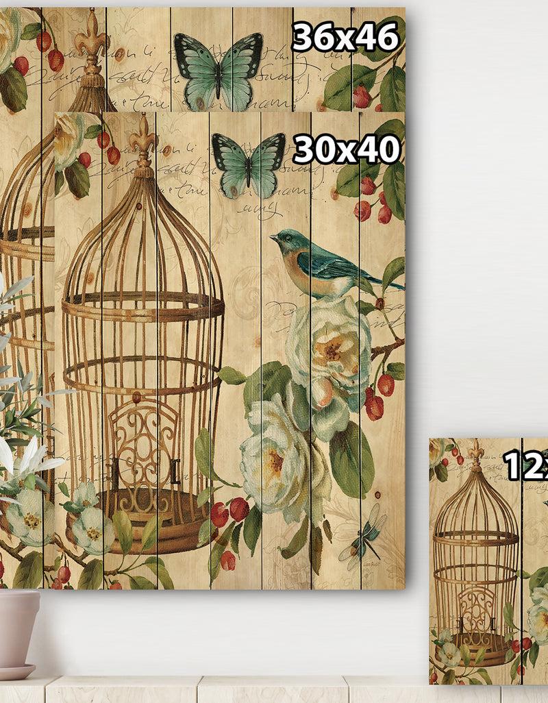 DesignQ Blue Cottage Bird Birdcage And Apple Blossoms I - Floral And Botanical Print On Natural Pine Wood