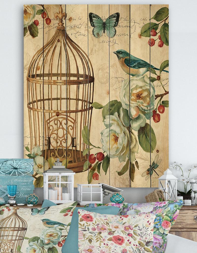 DesignQ Blue Cottage Bird Birdcage and Apple Blossoms I - Floral and botanical Print on Natural Pine Wood