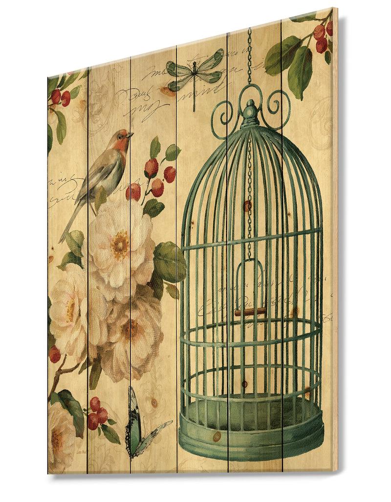 DesignQ Blue Cottage Bird Birdcage And Apple Blossoms II - Floral And Botanical Print On Natural Pine Wood