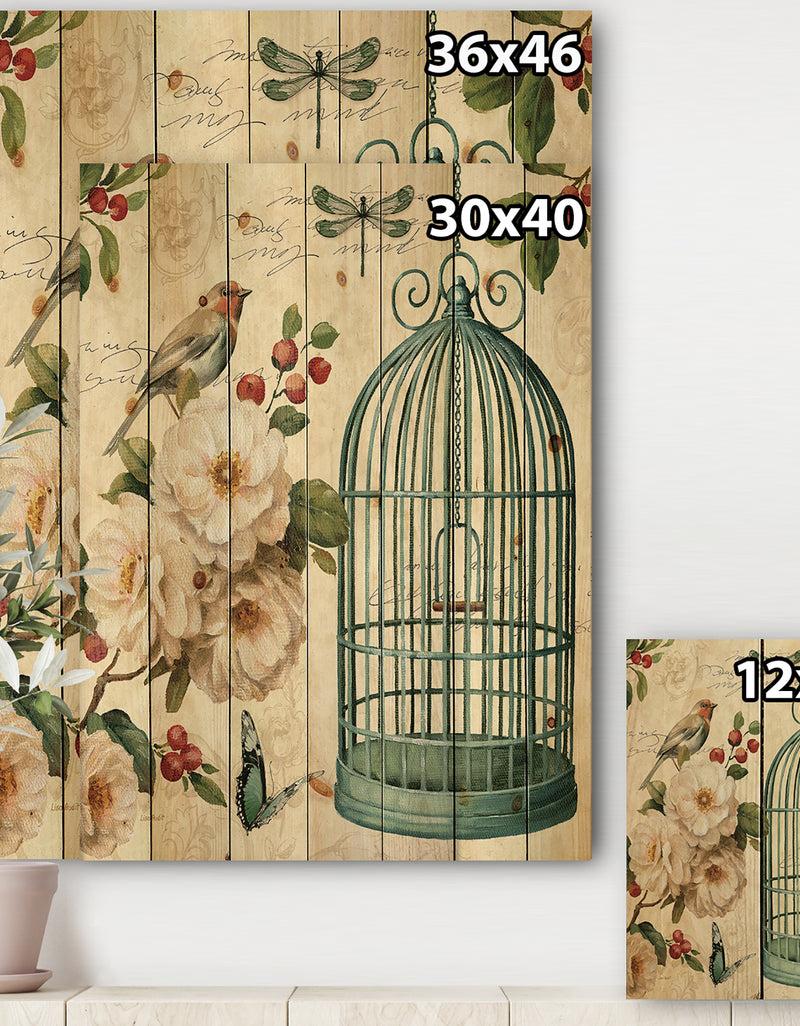 DesignQ Blue Cottage Bird Birdcage And Apple Blossoms II - Floral And Botanical Print On Natural Pine Wood