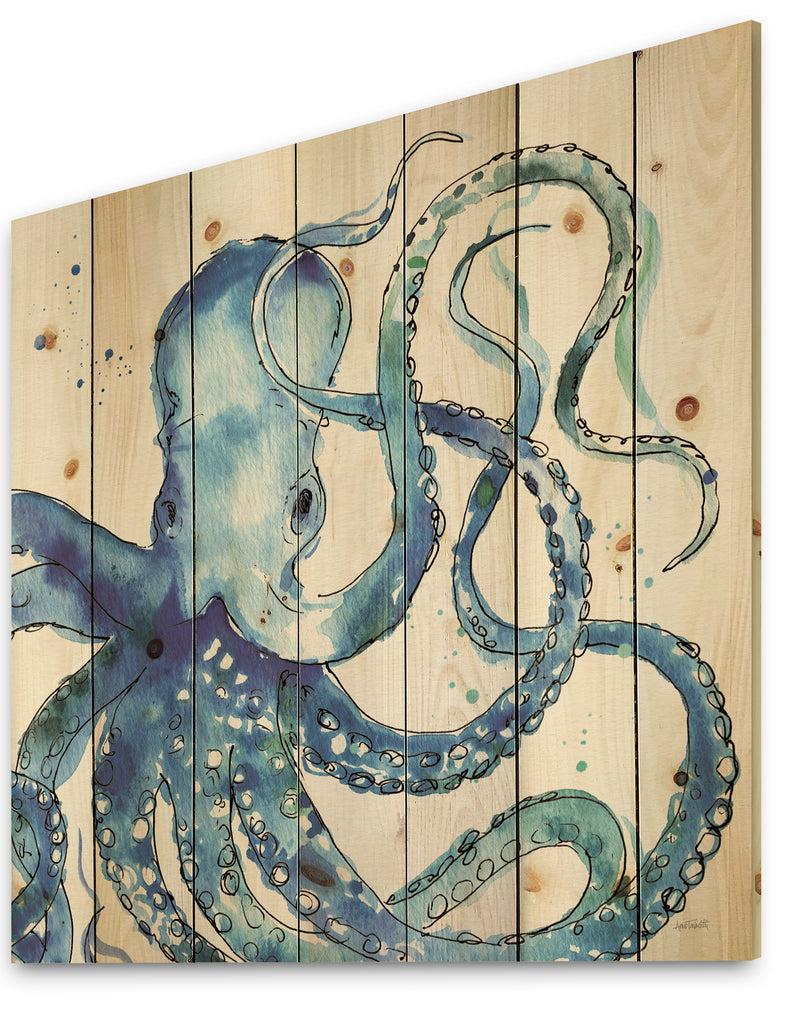 DesignQ Blue Deep Sea VIII - Coastal Print On Natural Pine Wood