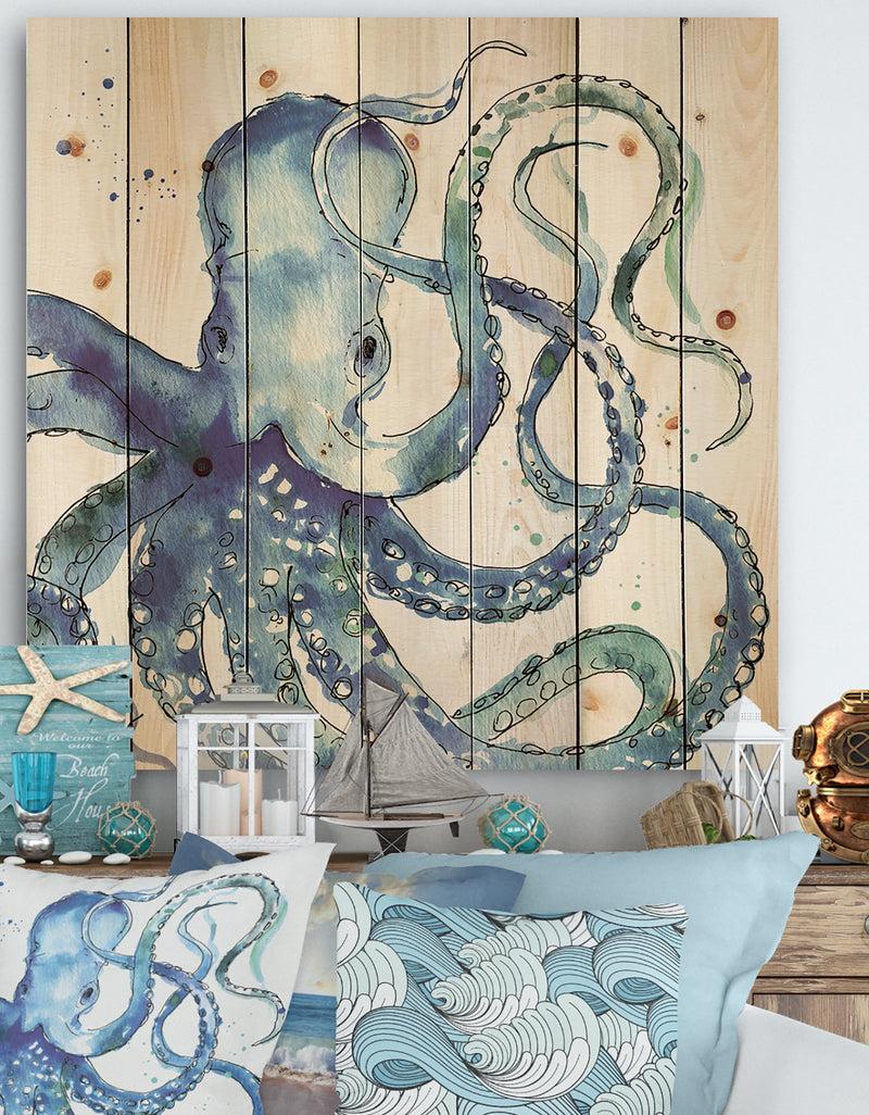 DesignQ Blue Deep Sea VIII - Coastal Print on Natural Pine Wood