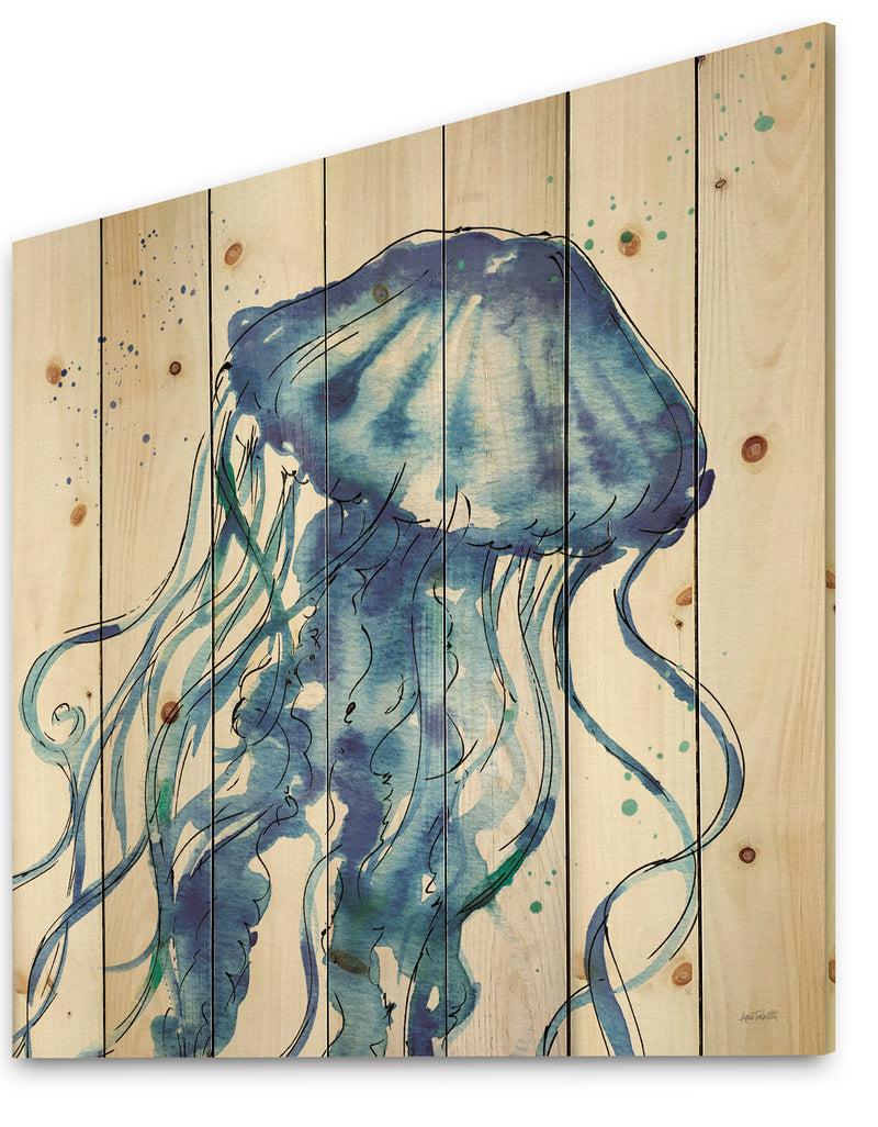 DesignQ Blue Deep Sea X - Coastal Print On Natural Pine Wood