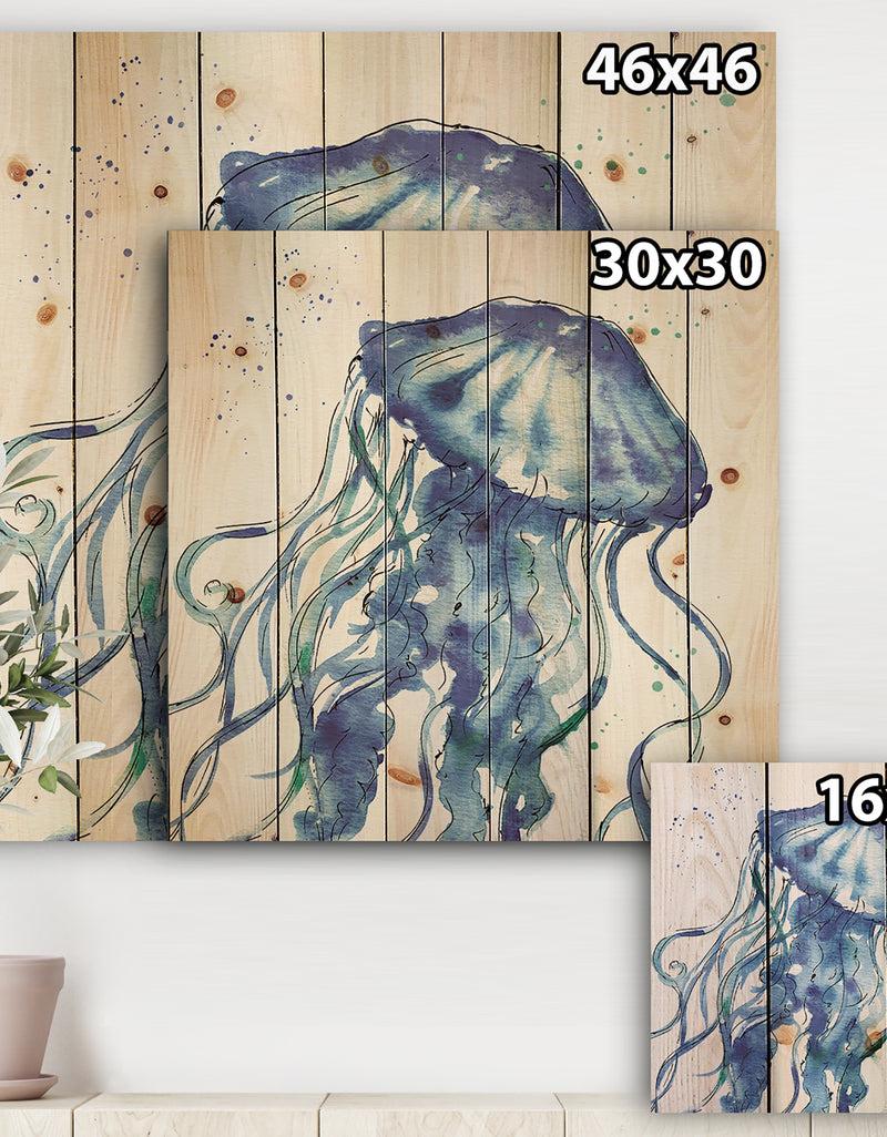 DesignQ Blue Deep Sea X - Coastal Print On Natural Pine Wood