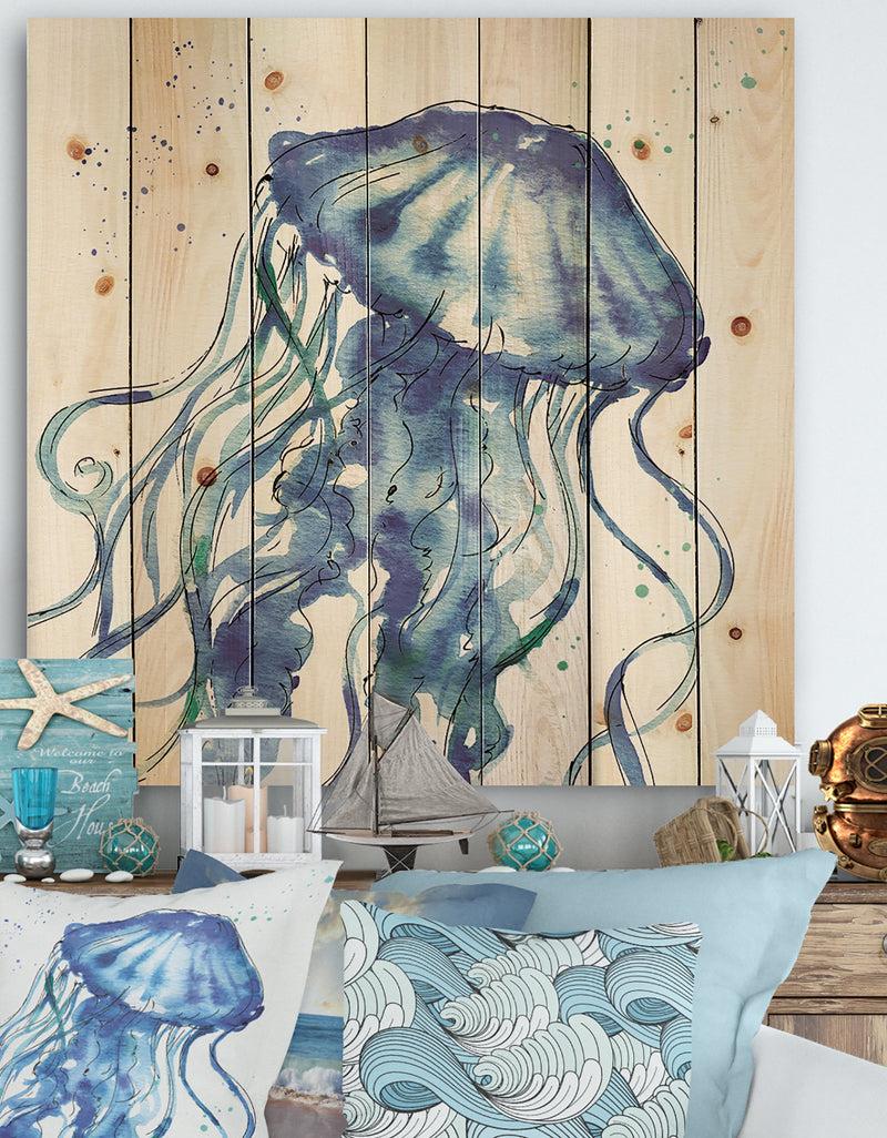 DesignQ Blue Deep Sea X - Coastal Print on Natural Pine Wood
