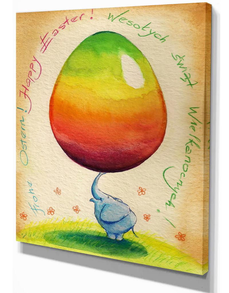 DesignQ Blue Elephant With Easter Egg - Animals Painting Print On Wrapped Canvas