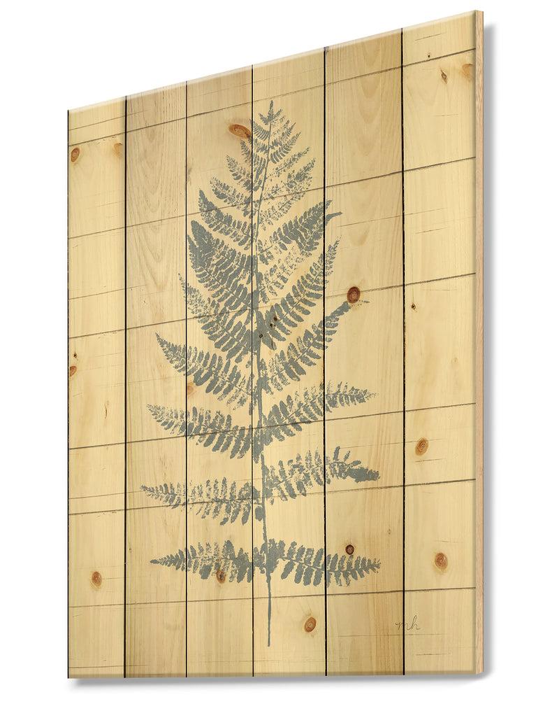 DesignQ Blue Fern Print On Wood II - Cabin & Lodge Print On Natural Pine Wood