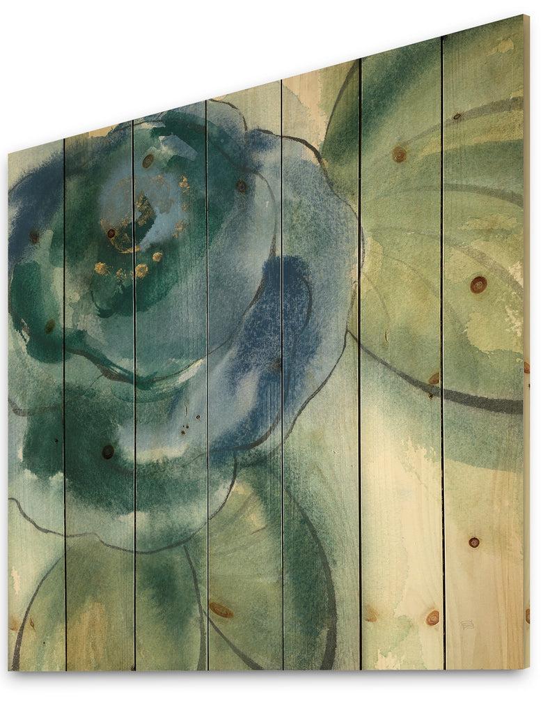 DesignQ Blue Floral Poppies II - Cottage Print On Natural Pine Wood
