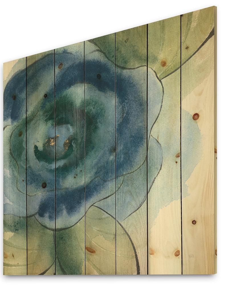 DesignQ Blue Floral Poppies IV - Cottage Print On Natural Pine Wood