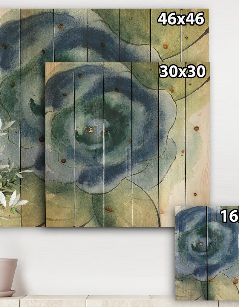 DesignQ Blue Floral Poppies IV - Cottage Print On Natural Pine Wood