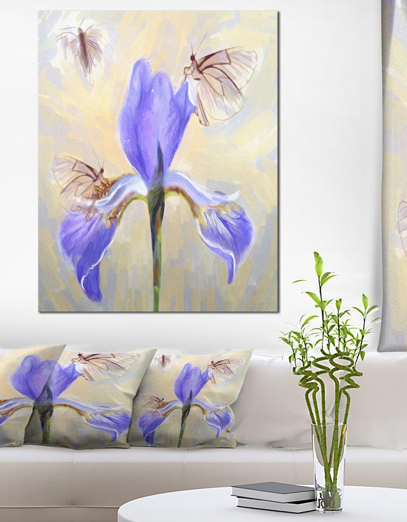 DesignQ Blue Flower With Butterflies Sketch - Extra Large Floral Canvas Art