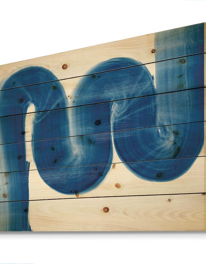 DesignQ Blue Geometric S Curve - Modern Transitional Print On Natural Pine Wood