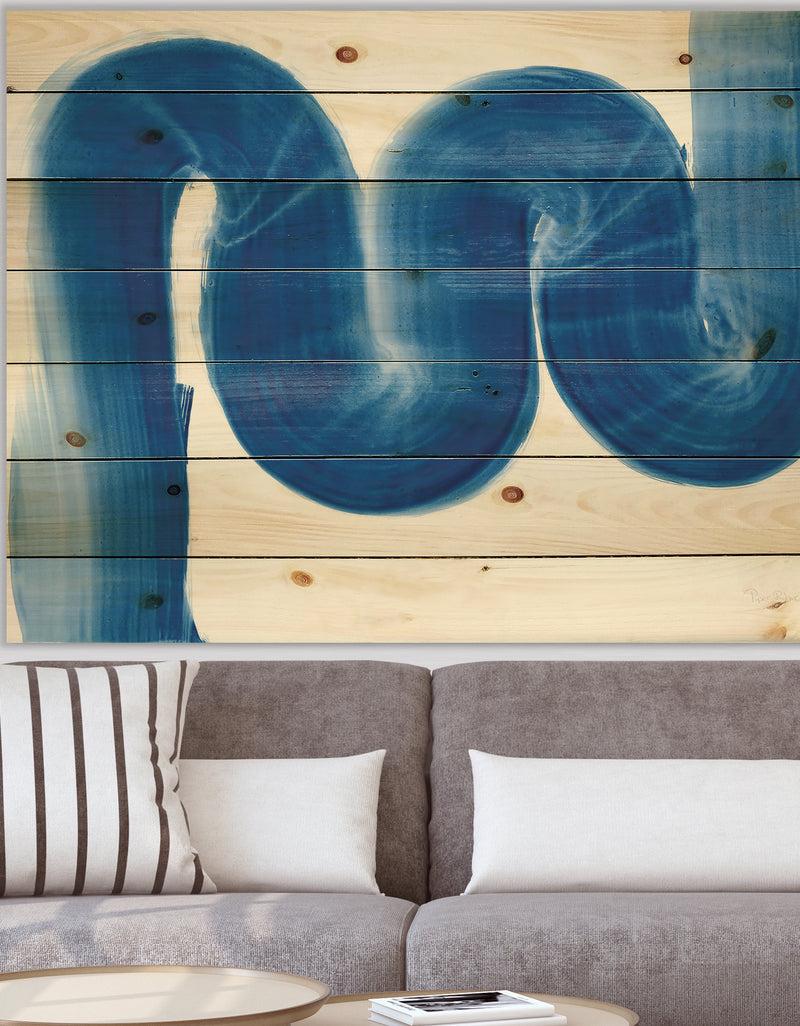 DesignQ Blue Geometric S Curve - Modern Transitional Print on Natural Pine Wood