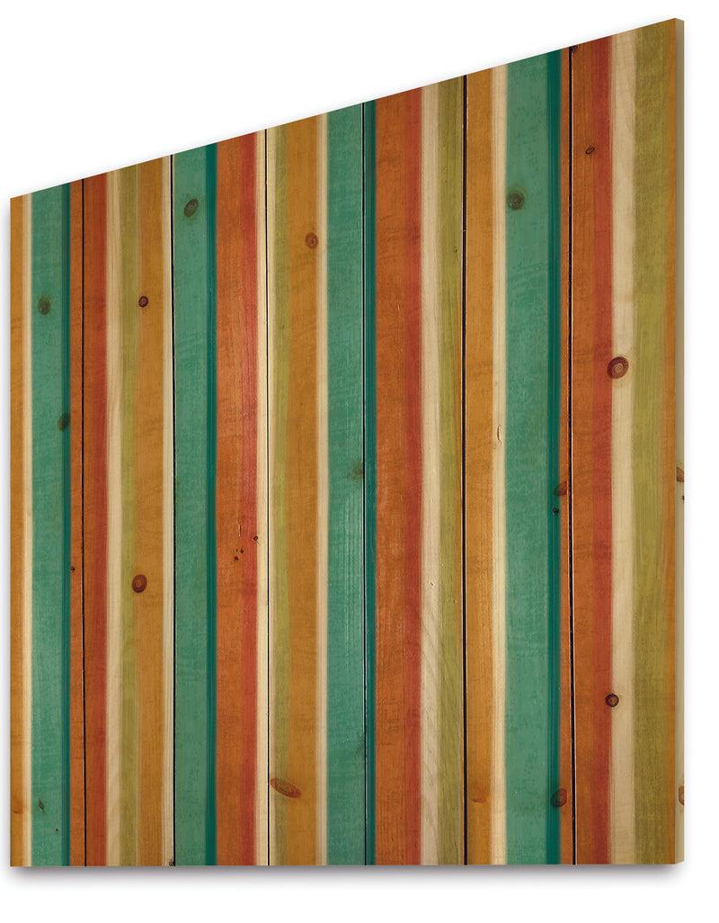 DesignQ Blue Green And Orange Vertical Abstract Stripes - Mid-Century Modern Print On Natural Pine Wood