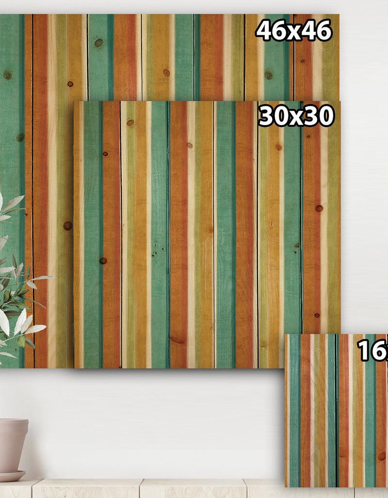 DesignQ Blue Green And Orange Vertical Abstract Stripes - Mid-Century Modern Print On Natural Pine Wood