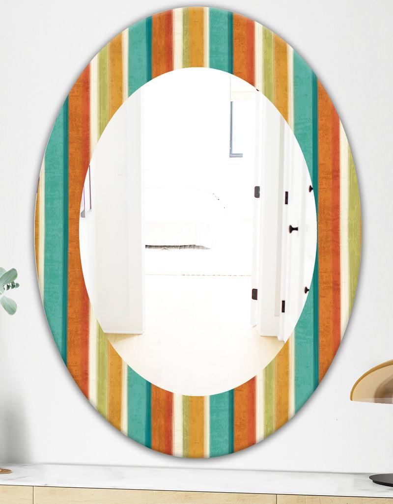 DesignQ Blue Green And Orange Vertical Abstract Stripes - Mid-Century Mirror - Oval Or Round Wall Mirror