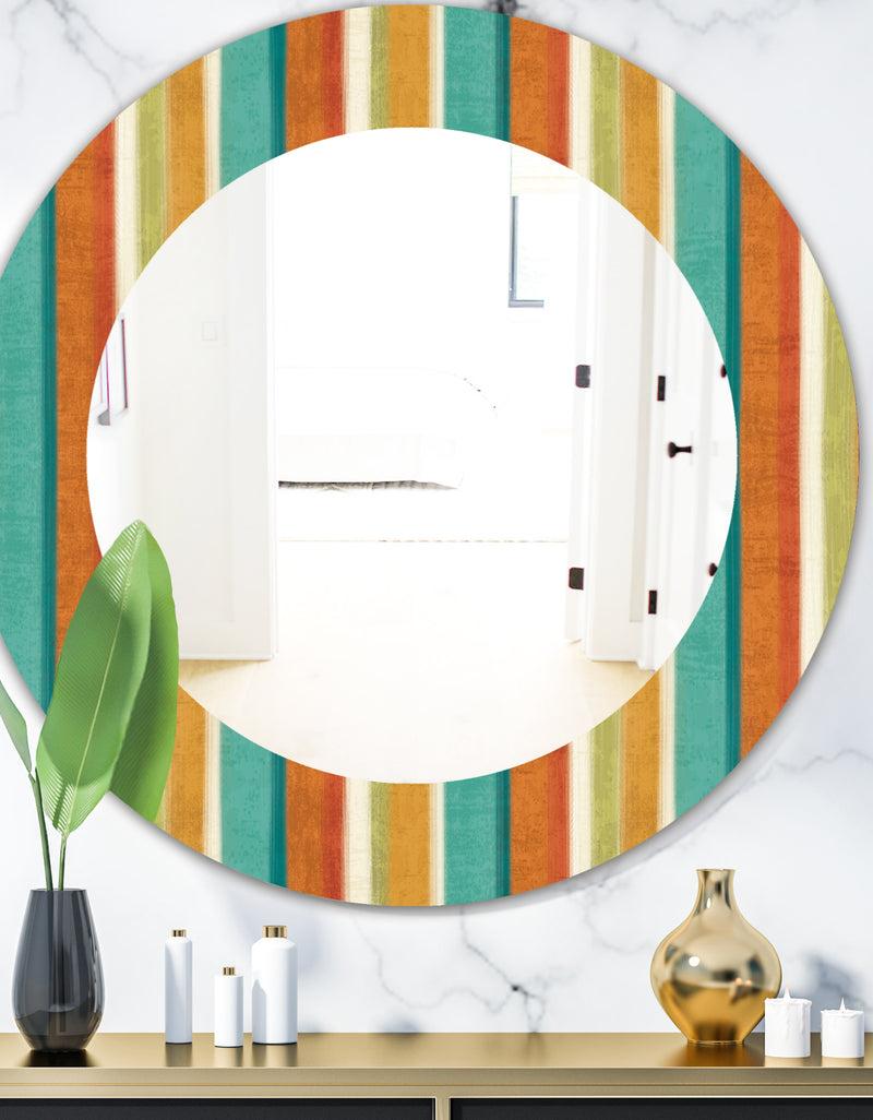 DesignQ Blue Green and Orange Vertical Abstract Stripes - Mid-Century Mirror - Oval or Round Wall Mirror