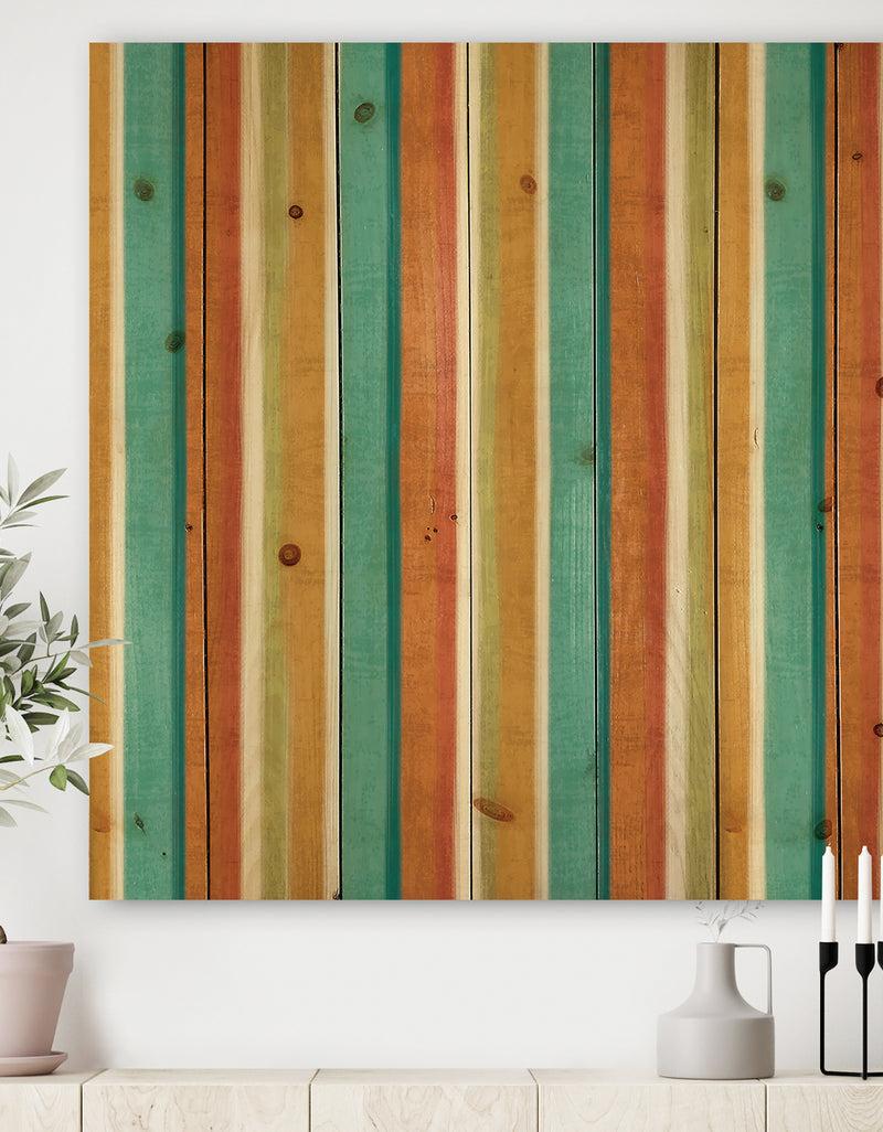 DesignQ Blue Green and Orange Vertical Abstract Stripes - Mid-Century Modern Print on Natural Pine Wood