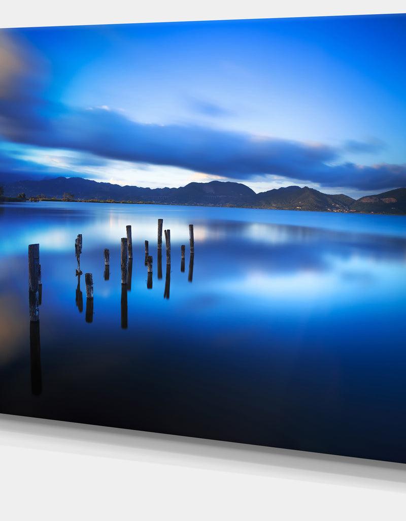DesignQ Blue Lake Sunset With Pier - Landscape Photo Canvas Print