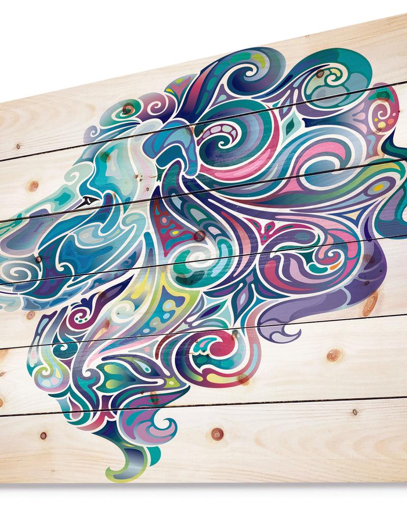 DesignQ Blue Lion Abstract Art - Bohemian Print On Natural Pine Wood