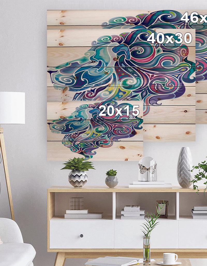 DesignQ Blue Lion Abstract Art - Bohemian Print On Natural Pine Wood