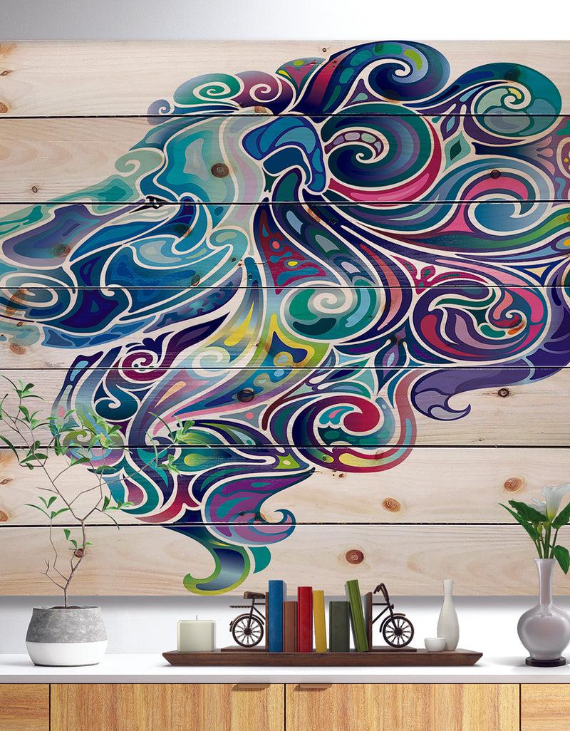 DesignQ Blue Lion Abstract Art - Bohemian Print on Natural Pine Wood