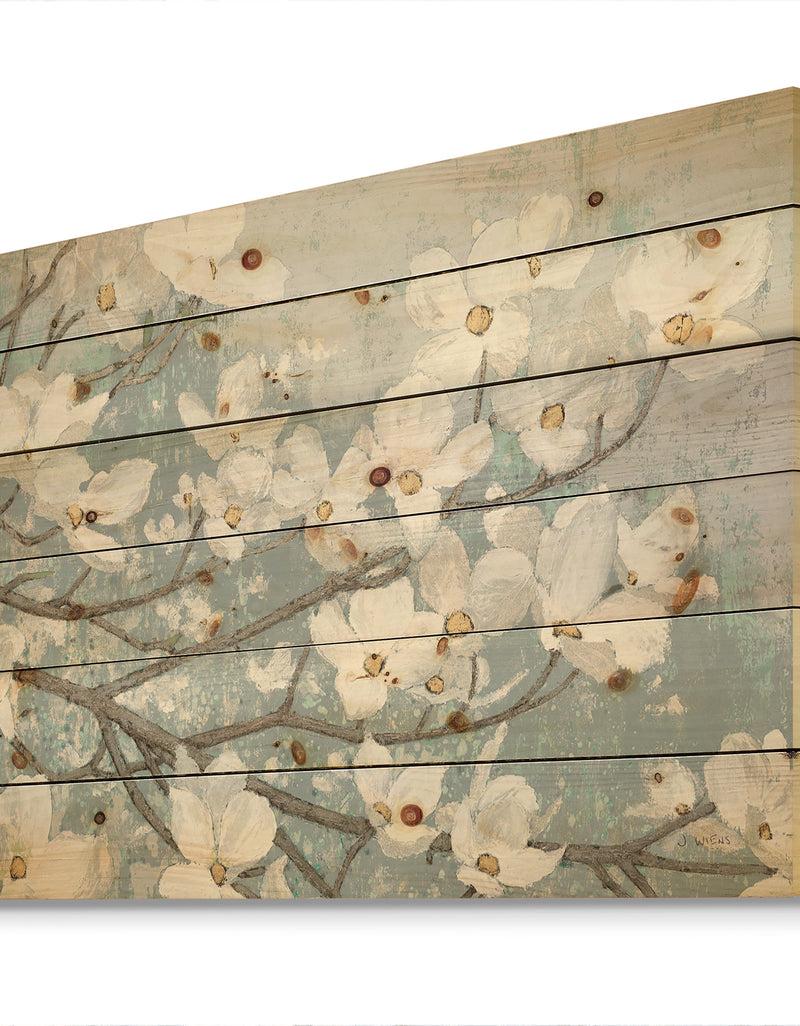 DesignQ Blue On Grey Blossoms - Traditional Print On Natural Pine Wood